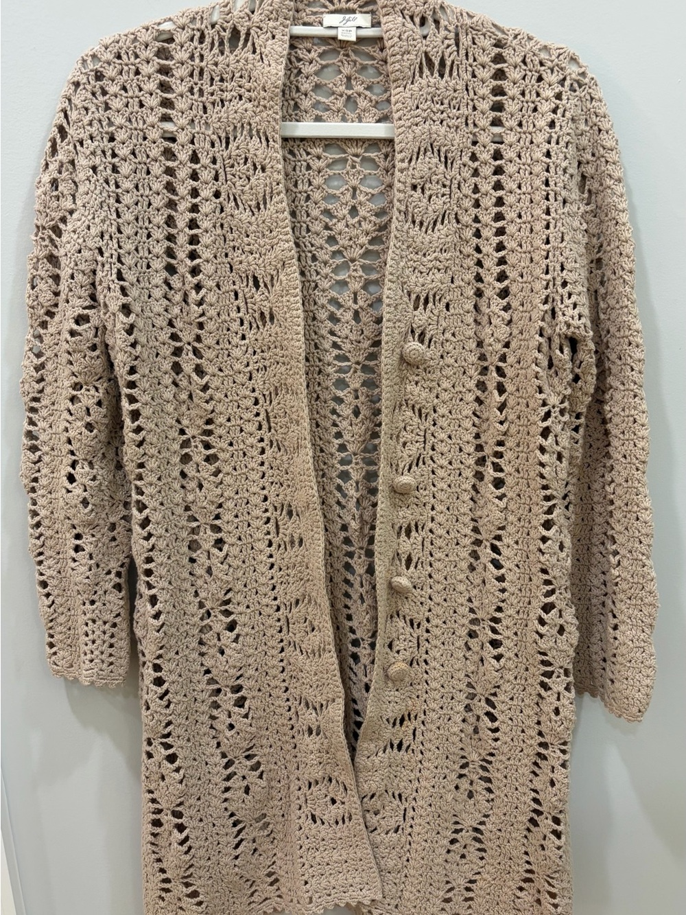 J. Jill Open-Knit Crochet Button-Front Cardigan in Taupe size XSP Boho, Cottage